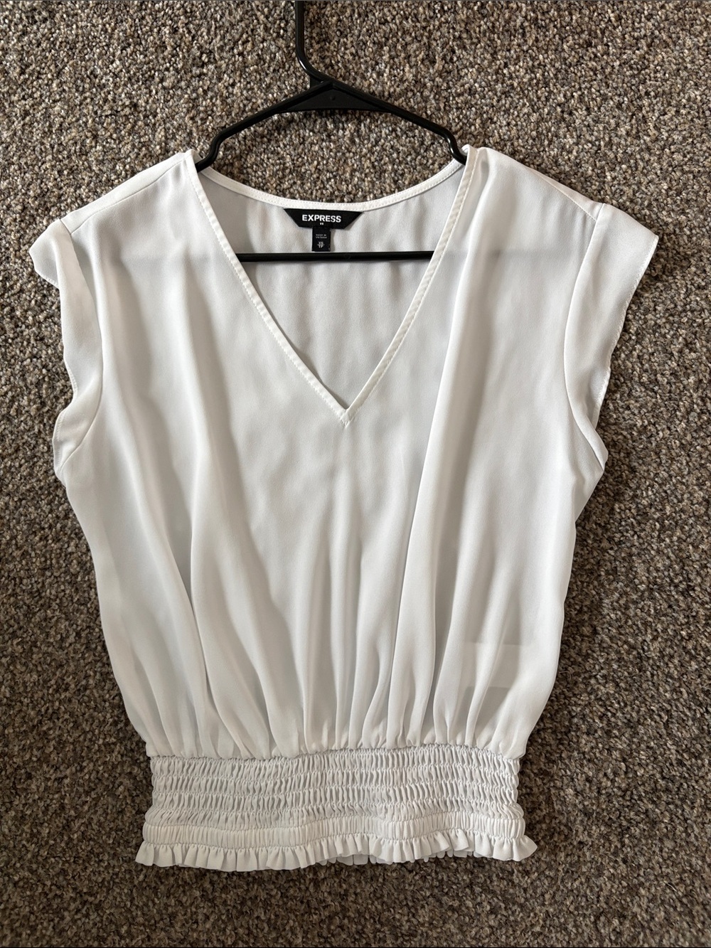Express White V-Neck Smocked Waist Cap-Sleeve Blouse